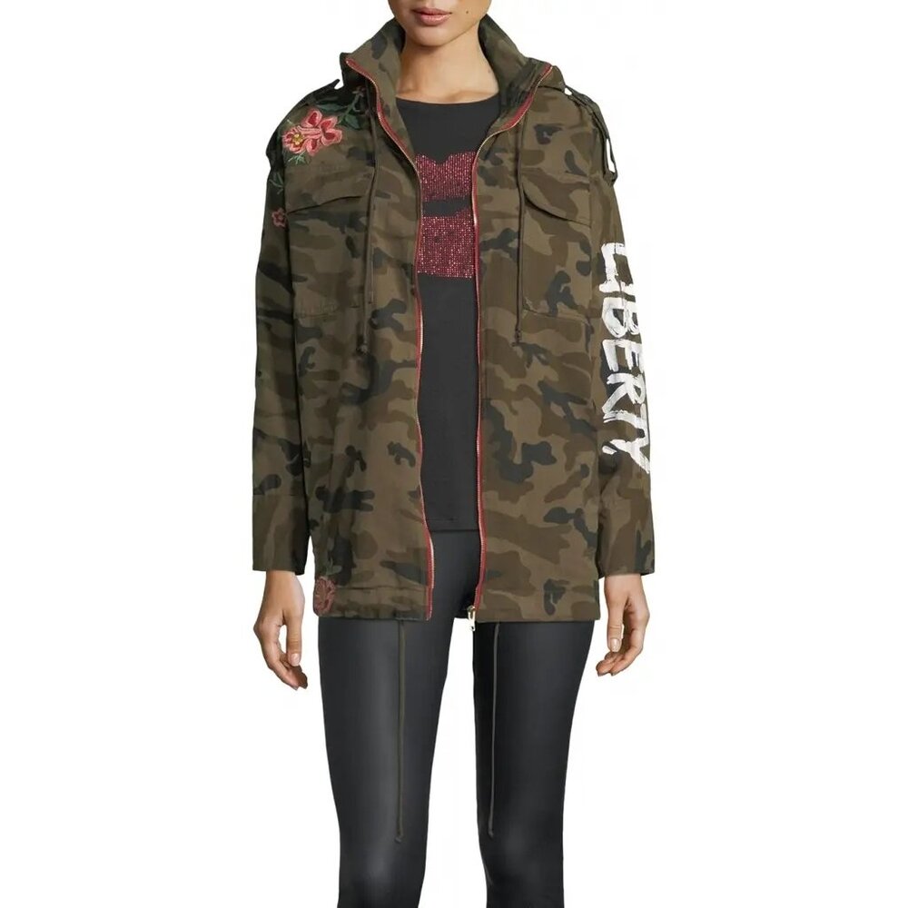 Embellished Camouflage Parka Jacket - Olive Green